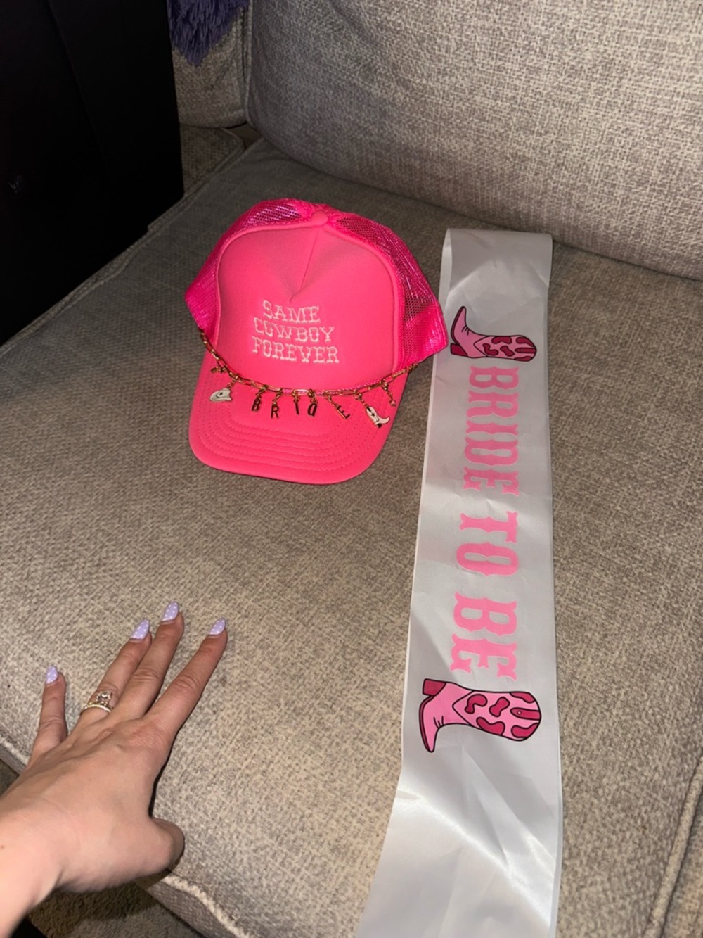 Same Cowboy Forever Bachelorette Bundle - Trucker Hat with Chain Charm & Sash